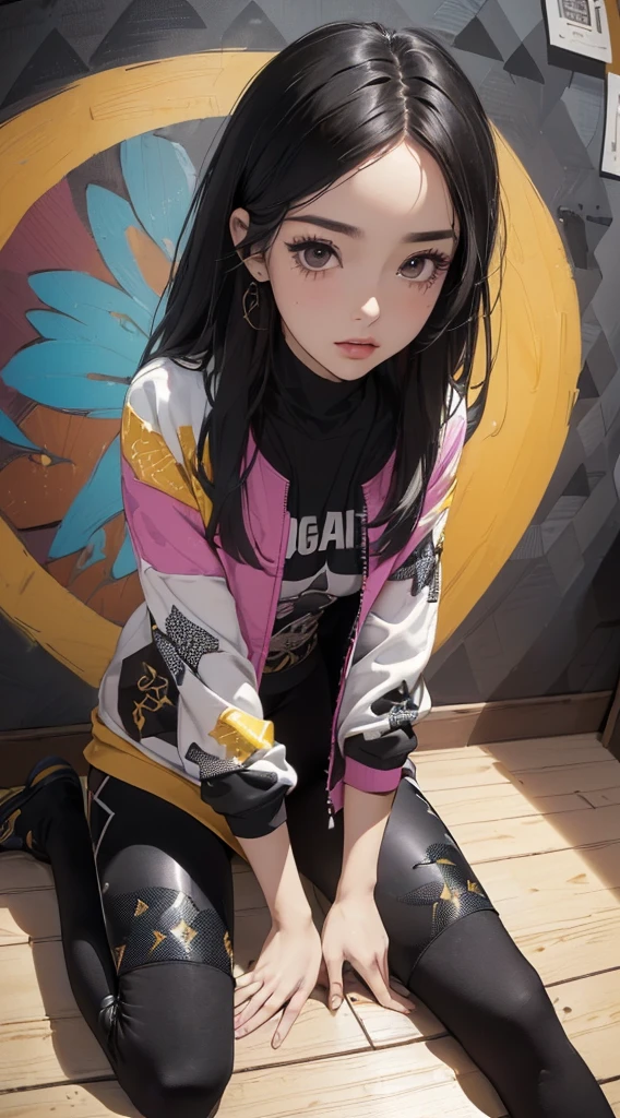 (((8k wallpaper of extremely detailed CG unit:1.2, masterpiece, hight resolution:1.2, top-quality:1.2, masutepiece))), ((a very beautiful woman, A person sitting on the ground with his hands in his pockets:1.8, Grunge Fashion:1.2, Wearing a blouson:1.2, Wearing leggings, Wearing shoes)), ((extra detailed face, Highly detailed black eyes, extra detailed body, Top quality real texture skins)), (A dark-haired, length hair, de pele branca, Small), ((colorful geometric pattern wall, Colorful wall)), (high-angle, Fisheye:1.3), hyper realisitic, digitial painting,