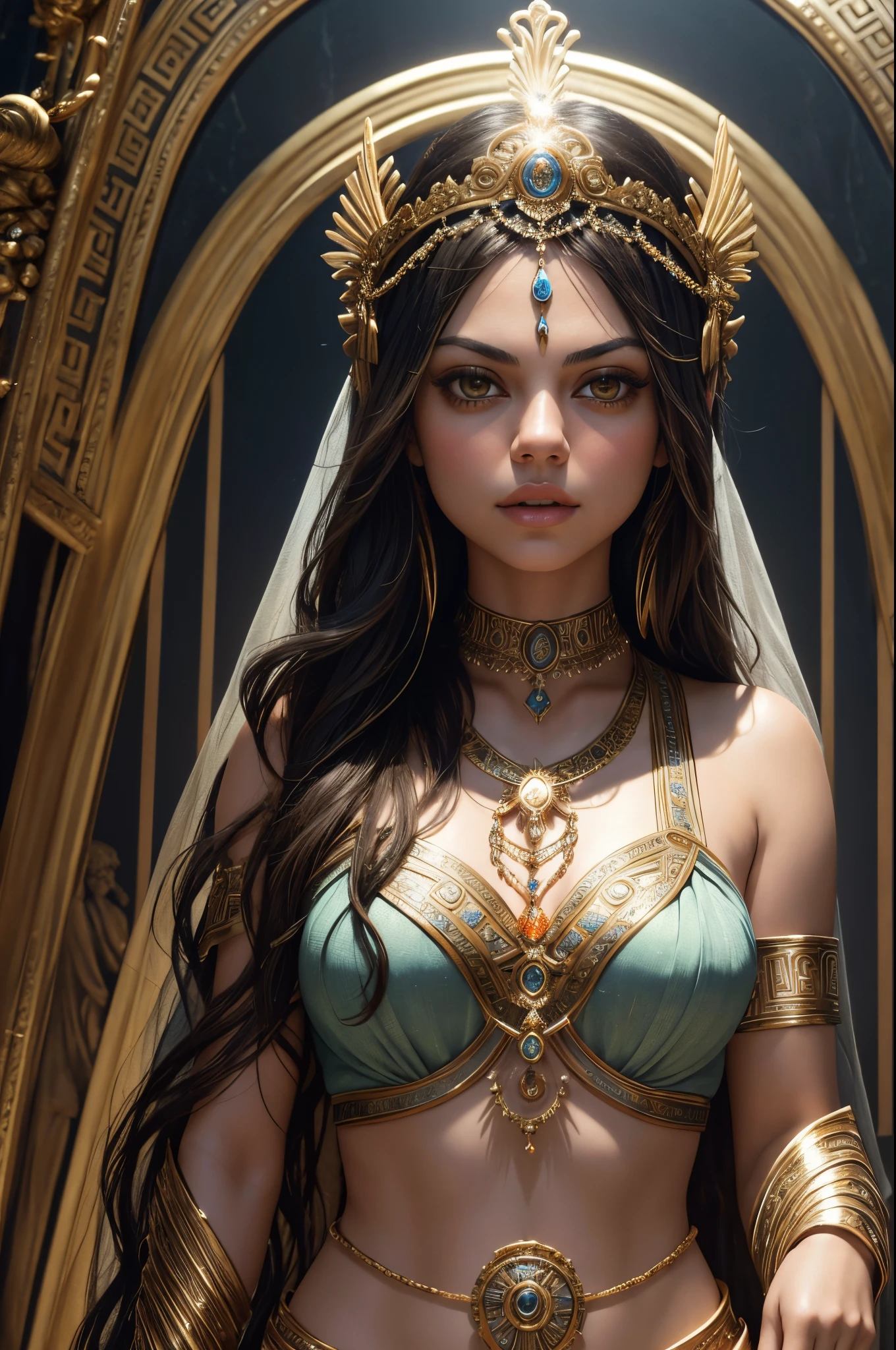 "Generate an AI image depicting Mila Kunis as a mythical Greek goddess, combining elements of classical beauty and divine grace. Consider incorporating ethereal themes and symbols associated with Greek mythology to enhance the mystical and otherworldly ambiance."