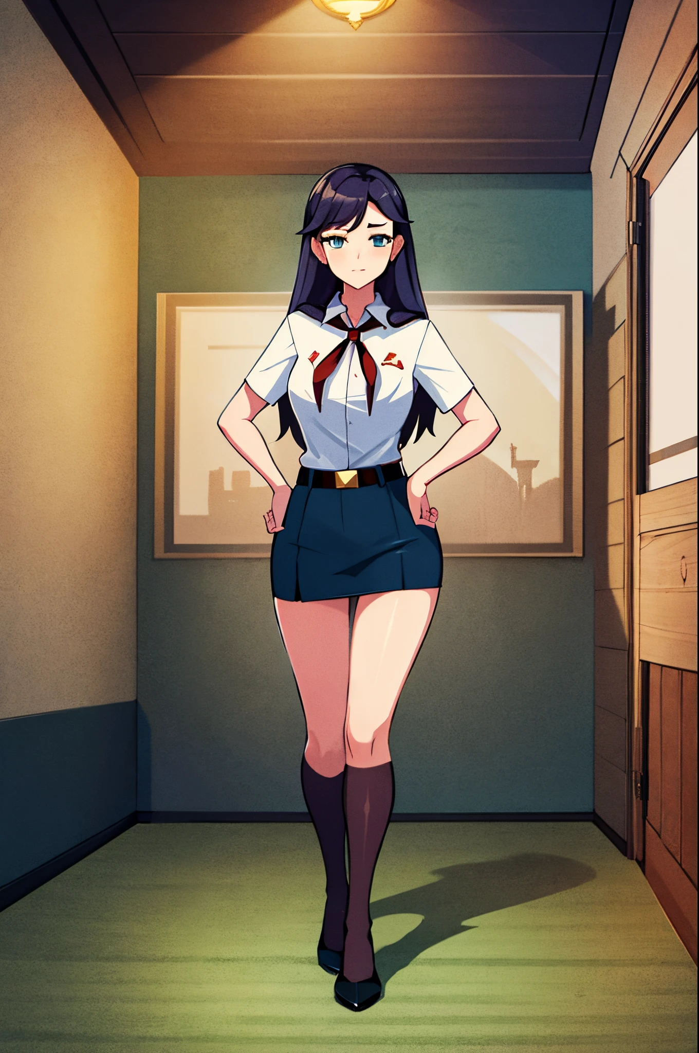 Mona from Genshin Impact skirt, sexy and beautiful girl, in full height, soviet surroundings, style of the USSR, pioneer counselor clothing, erotica, Pantsushot