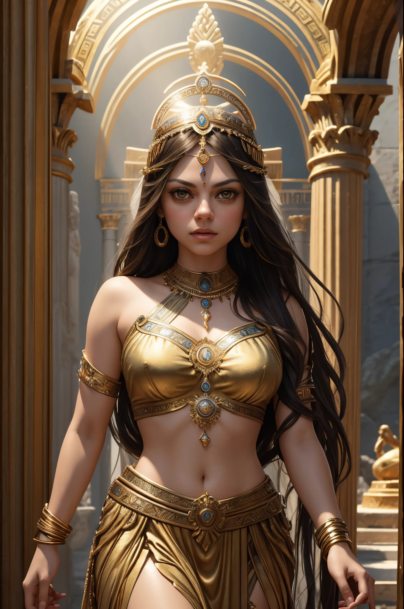 "Generate an AI image depicting Mila Kunis as a mythical Greek goddess, combining elements of classical beauty and divine grace. Consider incorporating ethereal themes and symbols associated with Greek mythology to enhance the mystical and otherworldly ambiance."