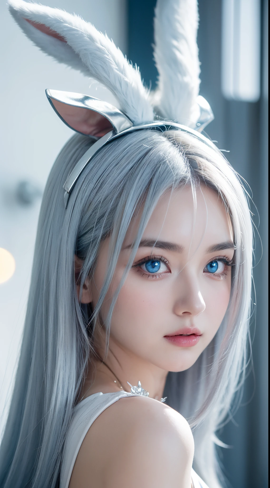 Generate an image of a woman with silver hair, captivating blue eyes, and dressed in a charming bunny-themed fantasy costume. Describe her with stylishly flowing silver hair, complemented by vibrant blue eyes that add a captivating touch to her appearance. The fantasy costume should include bunny ears and playful, yet elegant, elements that enhance her overall enchanting look. Utilize cinematic lighting to accentuate the silver hues and vibrant colors, creating a visually striking composition. Ensure the expression reflects a blend of playfulness and charm