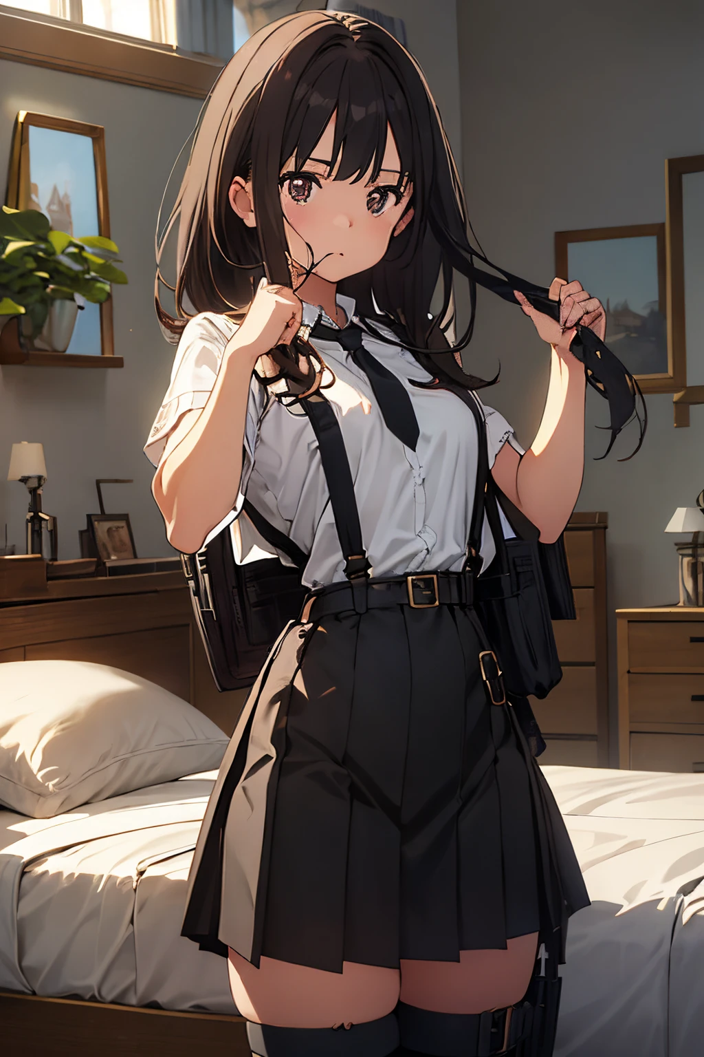 masterpiece、flat-colors、depth of fields、lens flare 1 girl、、Brown hair、watching at viewers black suspenders large full breasts Armpit sweat perspiring Side of both hands walls: Black miniskirt garters Gaze Small face Bangs Upper Eyes flank holster Belt Armament Beautuful Women srestrained Hands behind your back On the bed