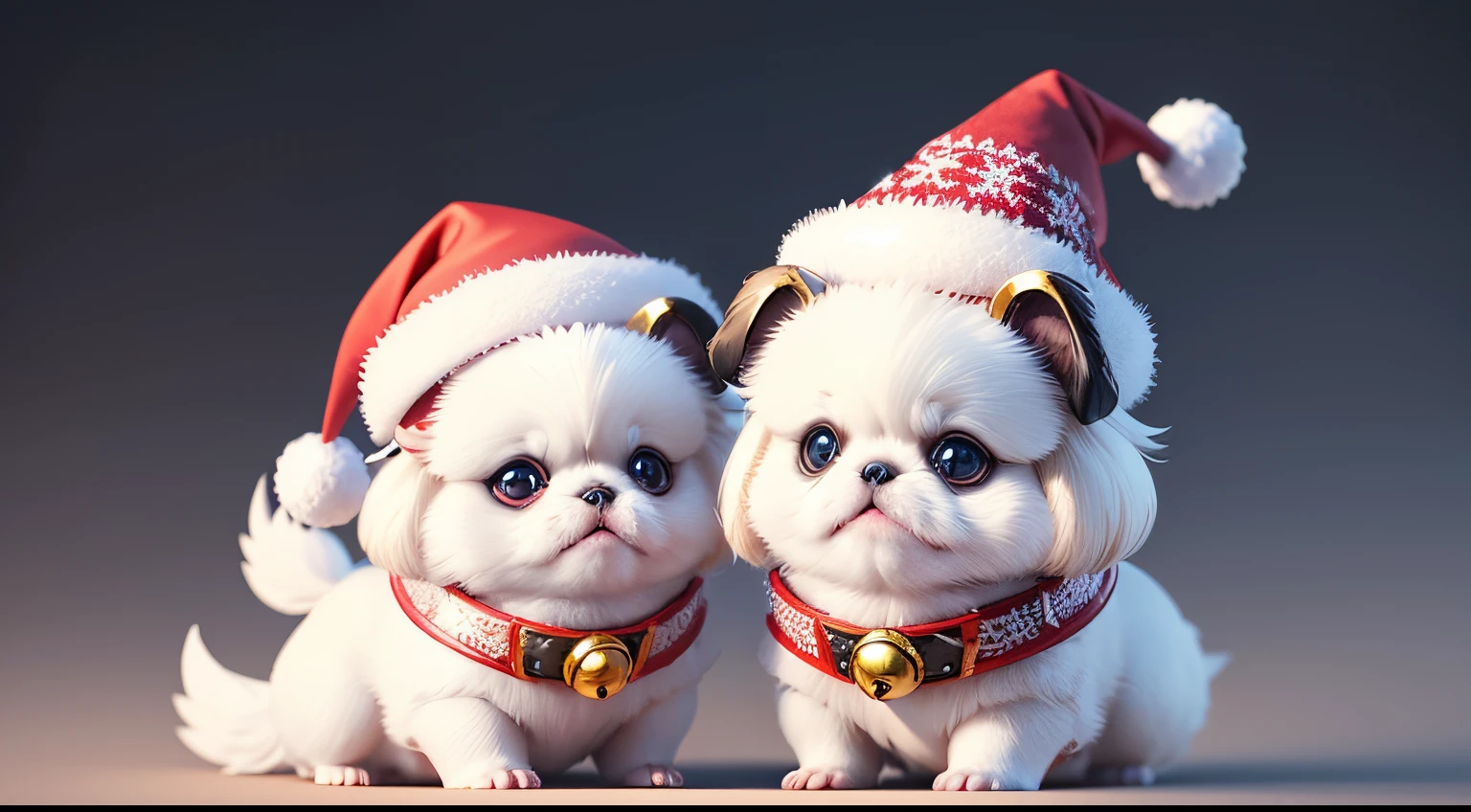 3D vector art、Colorful cute white pekingese dog、wearing a christmas hat,The collar has a bell、 cute christmas present, Ultra-realistic high quality, Cute and quirky, Fantasy Art, Watercolor effect