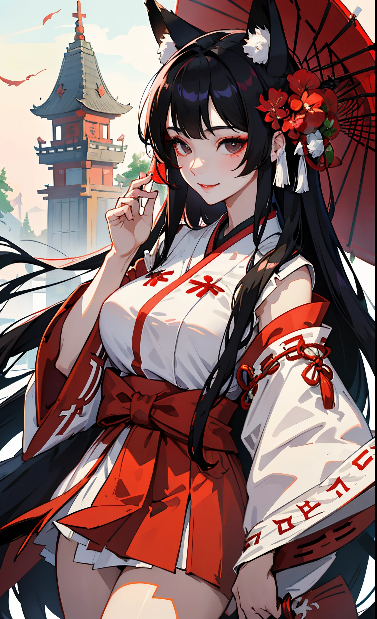 shrine maiden clothe、Longhaire、Black hair、Black eyes、a smile、Fox mask on the side of the head、natta、Colossal tits、Detailed fingers、Detailed face、a beauty girl、white tabi、shrines、cana