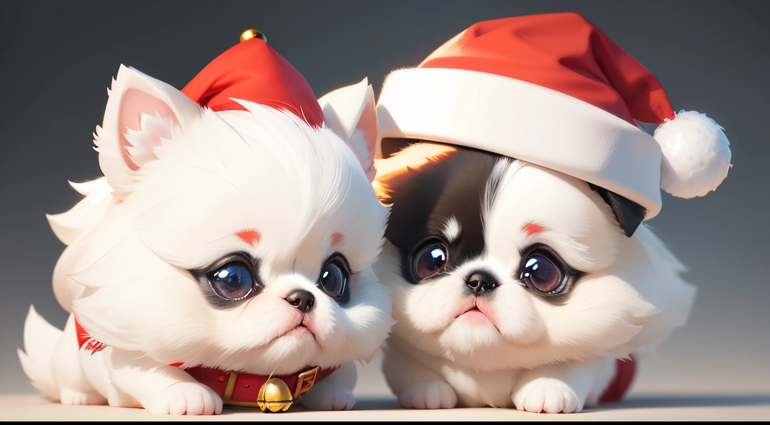 3D vector art、Colorful cute white pekingese dog、wearing a christmas hat,The collar has a bell、 cute christmas present, Ultra-realistic high quality, Cute and quirky, Fantasy Art, Watercolor effect