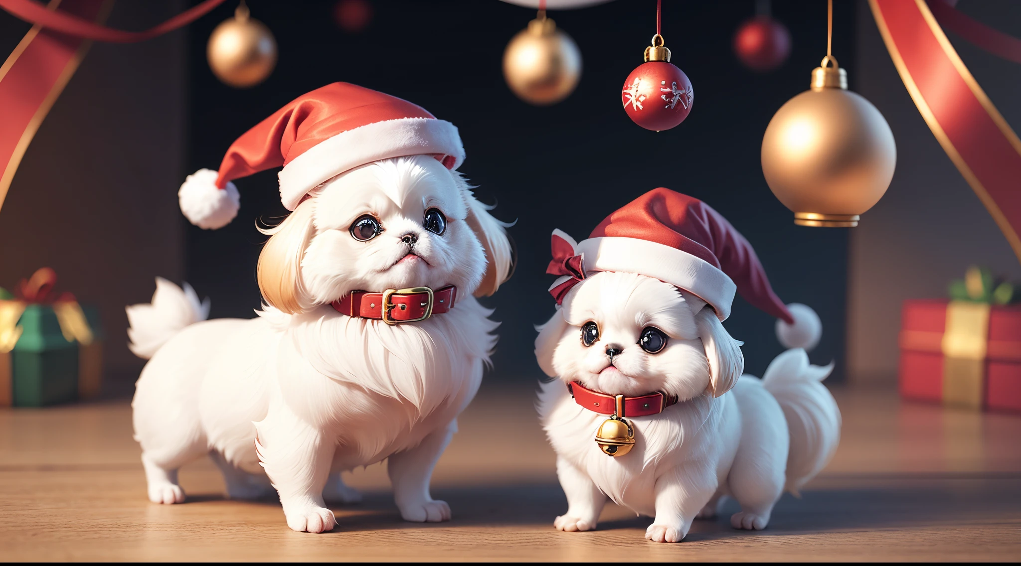 3D vector art、Colorful cute white pekingese dog、wearing a christmas hat,The collar has a bell、 cute christmas present, Ultra-realistic high quality, Cute and quirky, Fantasy Art, Watercolor effect