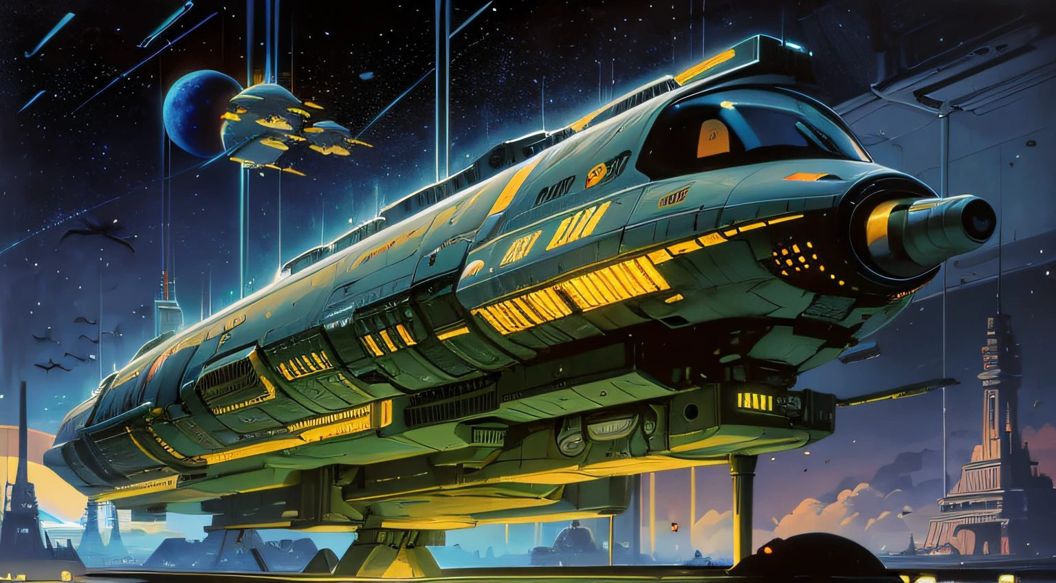 Retro-futuristic art similar to artist Chris Foss, Large spacecraft, deep dark space, Alien planets, moons, meteors