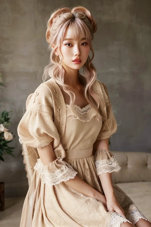 women are beige,20yr old、 beige and pink gradation color hair、Fluffy hairstyle with two very large buns、Pattsun bangs、Wearing a lace dress、Fashion Editorial