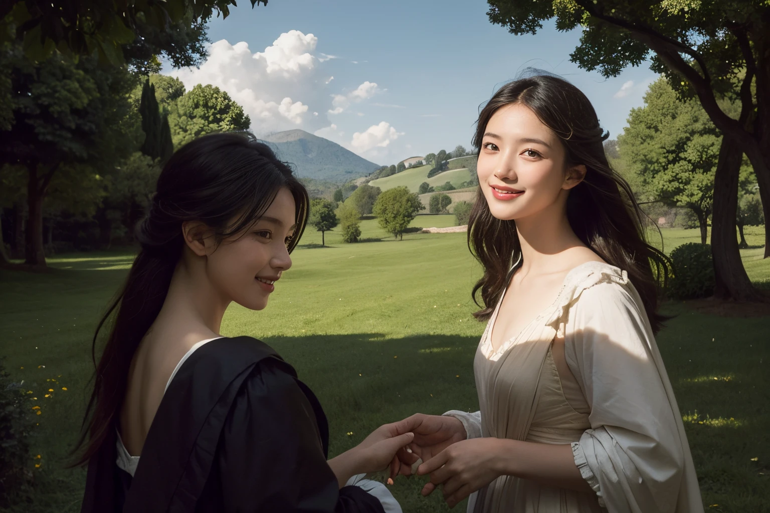 Poussin-style landscape,A smile,,Sweet and seductive appearance.、Caravaggio's paintings、Chiaroscuro of Caravaggio、Hair disheveled in the wind,Two women frolicking,cute smile, expression of ecstasy