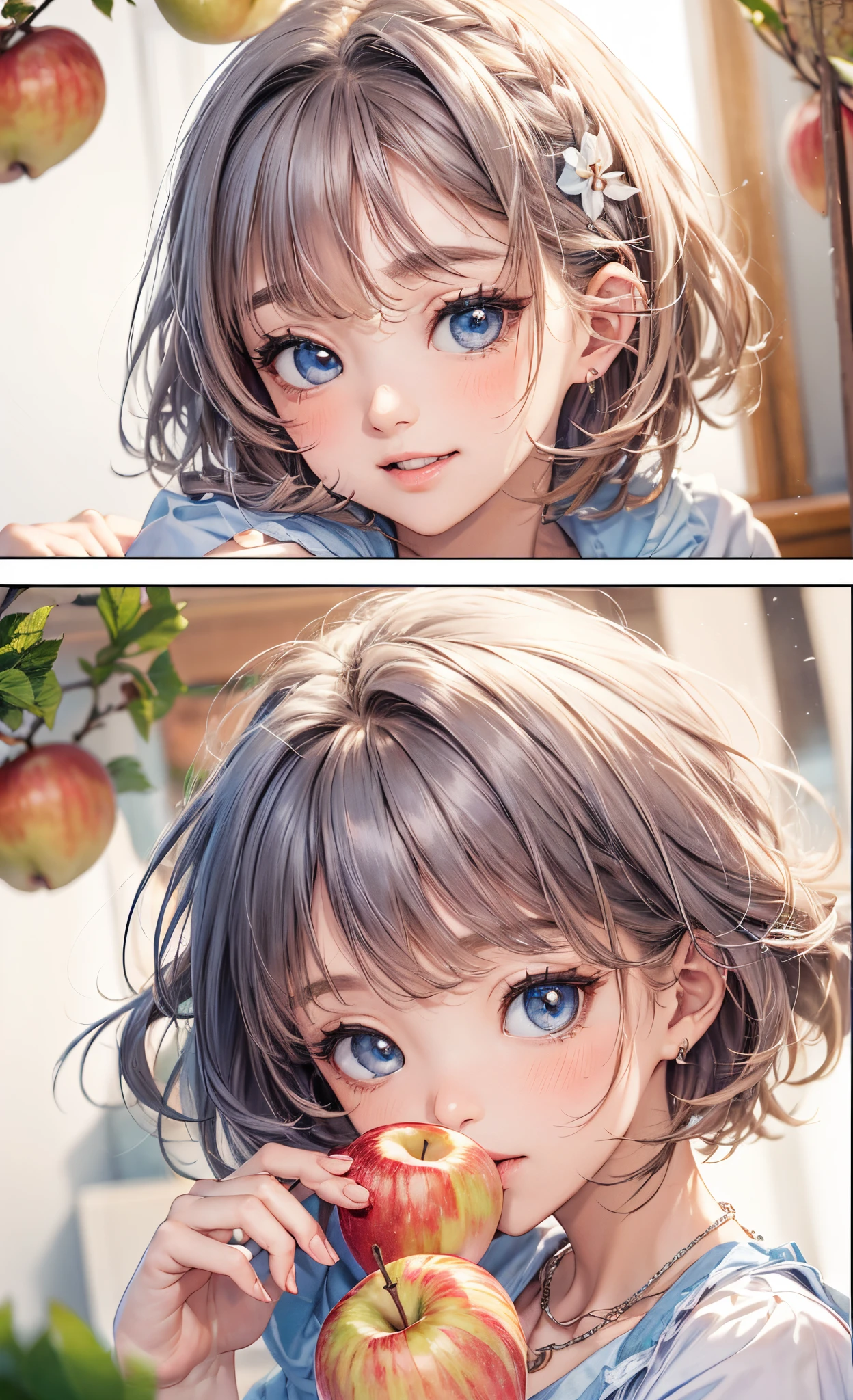 (masterpiece),(top-quality:1.2),1girl in,(masuter piece:1.3),exquisitedetails, Highest quality 8K resolution,Vibrant colors, With warm and gentle lighting,(Personification of apples:1.4),(Smooth straight hair:1.2),(Hair parted in the middle:1.3),(Glowing hair),(Dark blue eyes:1.3),cute smile face,White skin, hair clips,Small necklace,Summer morning、Guibli