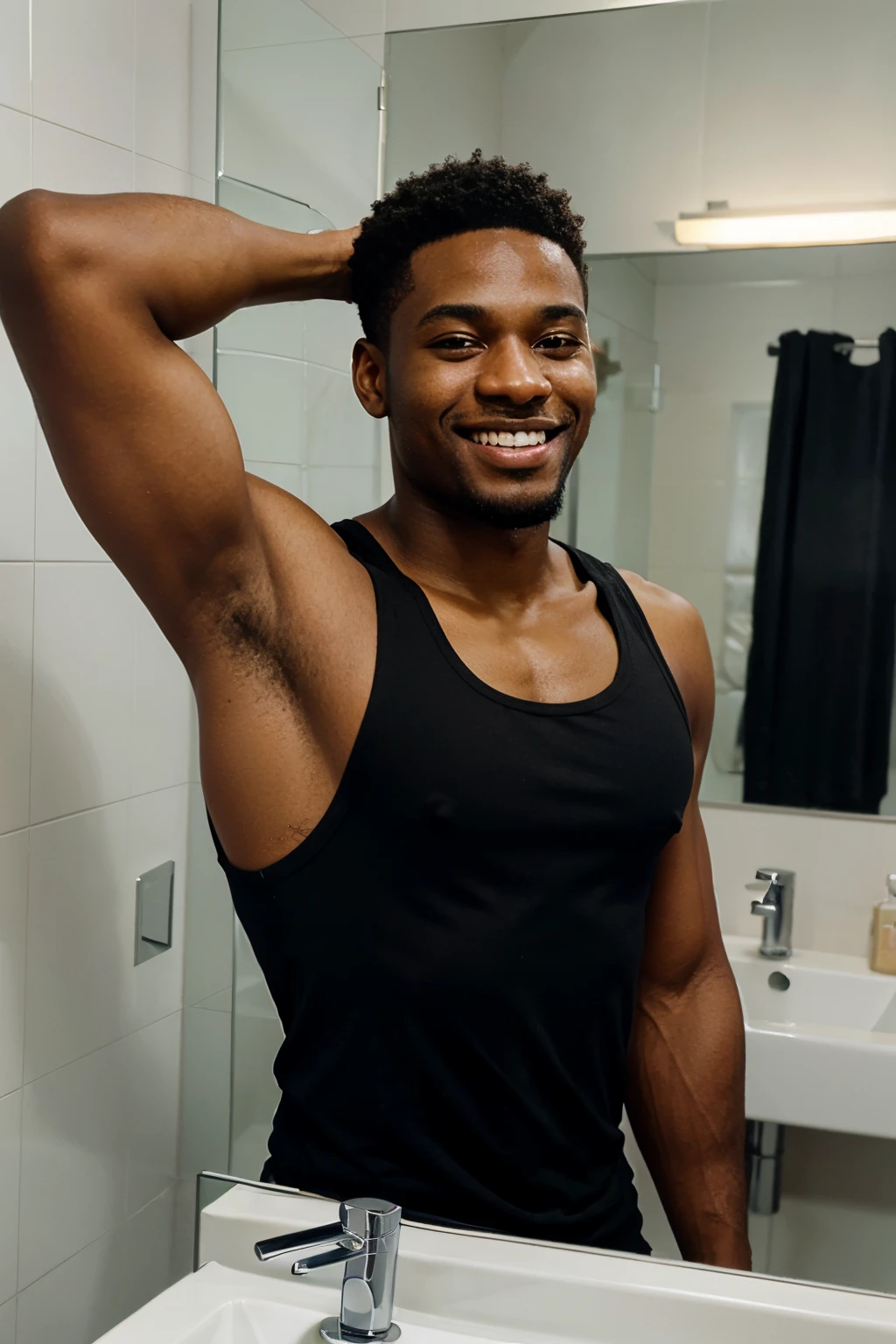 handsome black man. black tank top raising armpit, smiling at camera, minimal decor bathroom mirror at his back, with his reflection
