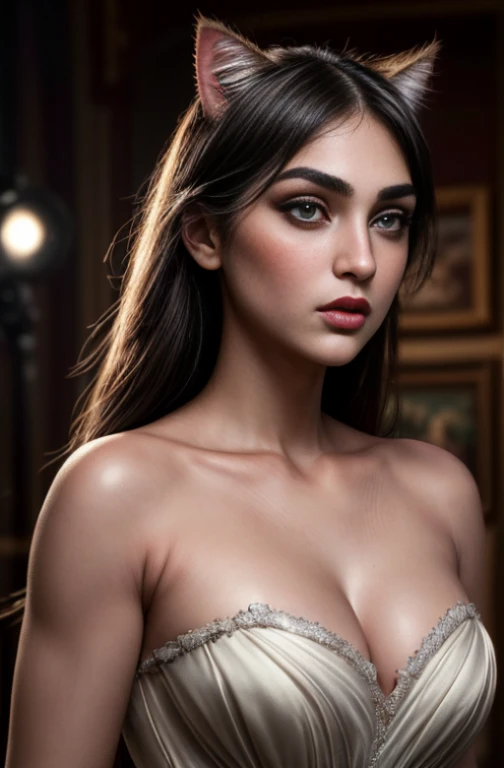 (8K, HDR, hight resolution), ((((photografic, RAW photo, hyper realisitc, Masterpiece, Best Quality, ultra highres)))), (Pin light, back light, Backlighting, cinematiclight), sharp-focus:1. 4, (Hyper Detail, Finely detailed), closeup face, a closeup of a,, 1girl, Egg-shaped snout with cat's eyes, Small and plump lips, Straight and pretty nose, slightly reddened cheekbones, thick eyebrows and long and beautiful eyelashes. gown