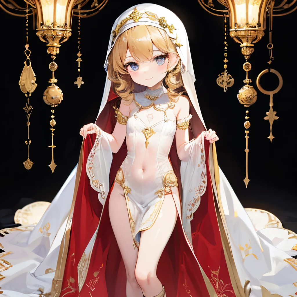 fantasic background,standing,solo,Smile,closed mouth,(little toddler tiny innocent petit infant 8yo girl),curly hair golden colored curly hair,white skin, nun's veil,(slutty bitch prostitute costume:1.2)