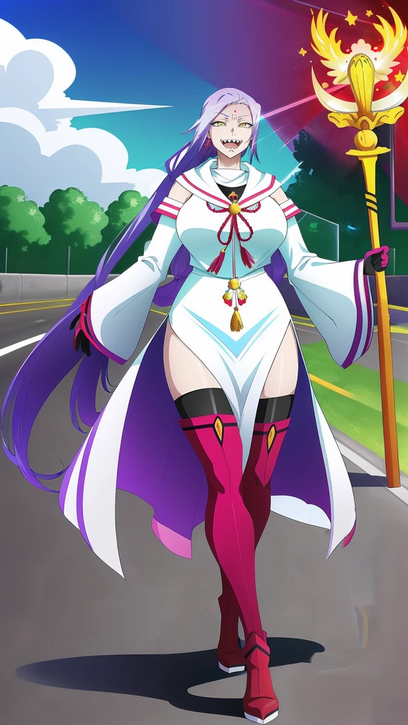 1girl, solo, looking at viewer, cowboy shot, hand arms full body,boots, standing,cute,breast, curvy, female,fantasy goddess,there is a cartoon picture of a woman with a very large breast, glowing divine being, glowing holy aura, inspired by Luma Rouge, the non-binary deity of spring, ethereal rainbow nimbus, the butterfly goddess of fire, inspired by Mariel, glowing aura around her, astral wind, as the goddess of the saturn, “uwu the prismatic person, big breast, serious, beautiful eyes, , full body, walking, long robe, long dress, ,priestess ,holy, smile, god rays, ray tracing, sparkle, cinematic lighting, UHD, retina, masterpiece, ccurate, anatomically correct, textured skin, super detail, high details, high quality, award winning, best quality, highres, 1080P, HD, 4K, thunder aura, light aura,full, snak staff,closed mouth,#anime #character #re:creators #magane chikujoin Trigger Words: chikujoin magane sharp teeth single braid serafuku thighhighs gloves earrings Version No.:, long skirt, sharpteeth smile, open mouth, priestess, tunic,