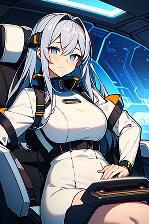 ighly detailed、Masterpiece、top-quality、Detailed writing、Cel animation style illustration、Futuristic space fighter cockpit seats、A female pilot is sitting。Behind her is、With omnidirectional camera、The light blue grid lines and the outer wall of the spacecraft carrier&#39;s hangar are visible.。She、Based on silver and black、wearing a tight-fitting bodysuit。The waist and neck area have gold accents.。Her head is completely covered by the spacesuit helmet visor.、The interior of the cockpit is reflected。Her hands are on the steering grips in their natural position.。On her hip、Two energy supply tubes are connected。She is securely secured in her seat with a 5-point seatbelt.。