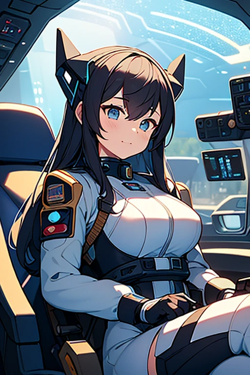 ighly detailed、Masterpiece、top-quality、Detailed writing、Cel animation style illustration、Futuristic space fighter cockpit seats、A female pilot is sitting。Behind her is、With omnidirectional camera、The light blue grid lines and the outer wall of the spacecraft carrier's hangar are visible.。She、Based on silver and black、wearing a tight-fitting bodysuit。The waist and neck area have gold accents.。Her head is completely covered by the spacesuit helmet visor.、The interior of the cockpit is reflected。Her hands are on the steering grips in their natural position.。On her hip、Two energy supply tubes are connected。She is securely secured in her seat with a 5-point seatbelt.。