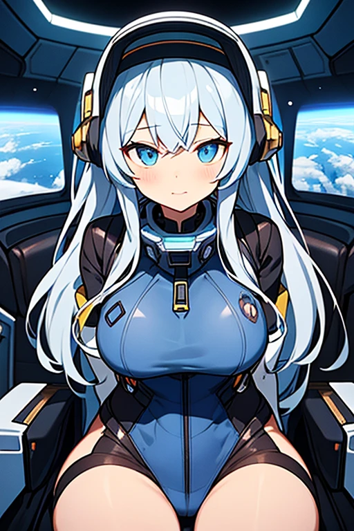 ighly detailed、Masterpiece、top-quality、Detailed writing、Cel animation style illustration、Futuristic space fighter cockpit seats、A female pilot is sitting。Behind her is、With omnidirectional camera、The light blue grid lines and the outer wall of the spacecraft carrier's hangar are visible.。She、Based on silver and black、wearing a tight-fitting bodysuit。The waist and neck area have gold accents.。Her head is completely covered by the spacesuit helmet visor.、The interior of the cockpit is reflected。Her hands are on the steering grips in their natural position.。On her hip、Two energy supply tubes are connected。She is securely secured in her seat with a 5-point seatbelt.。