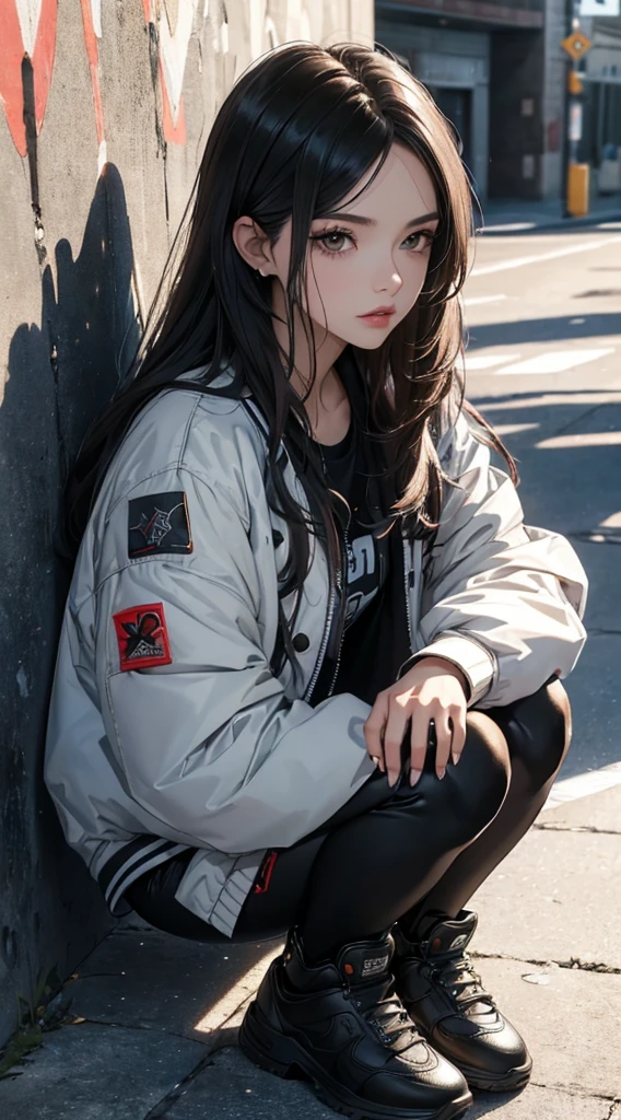 (((8k wallpaper of extremely detailed CG unit:1.2, ​masterpiece, hight resolution:1.2, top-quality:1.2, masutepiece))), ((a very beautiful woman, person sitting on the ground with hands in pockets:1.8, Sit on the ground、lean against the wall and stretch your legs:1.5, Grunge Fashion:1.2, Wearing a blouson:1.2, Wearing leggings, Wearing shoes)), ((extra detailed face, Highly detailed black eyes, extra detailed body, Top quality real texture skins)), (A dark-haired, length hair, de pele branca, Small), ((colorful geometric pattern wall, Colorful wall)), (high-angle, Fisheye:1.3), hyper realisitic, digitial painting,
