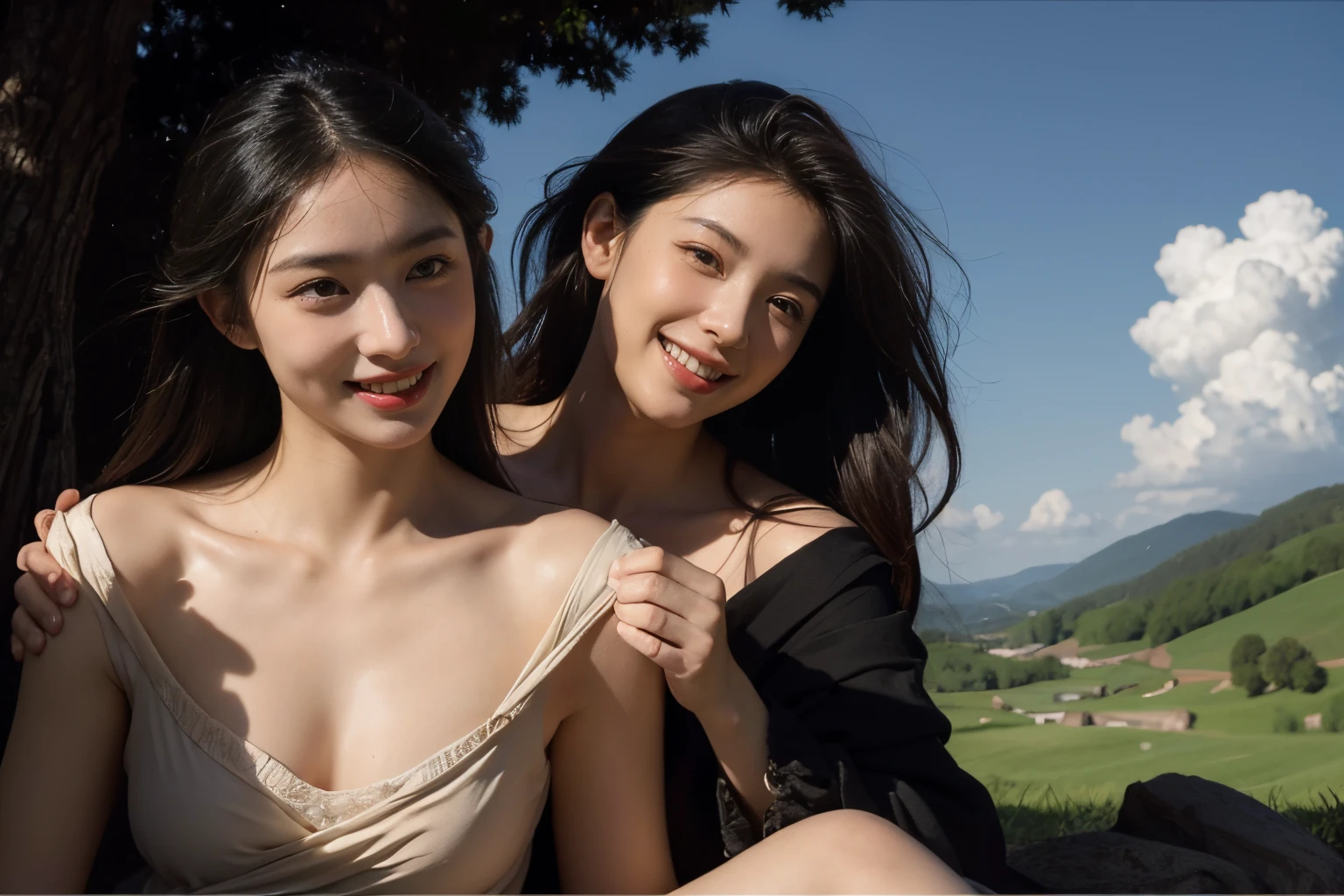 Poussin-style landscape,A smile,,Sweet and seductive appearance.、Caravaggio's paintings、Chiaroscuro of Caravaggio、Hair disheveled in the wind,Two women frolicking,Cute smile, Expression of ecstasy