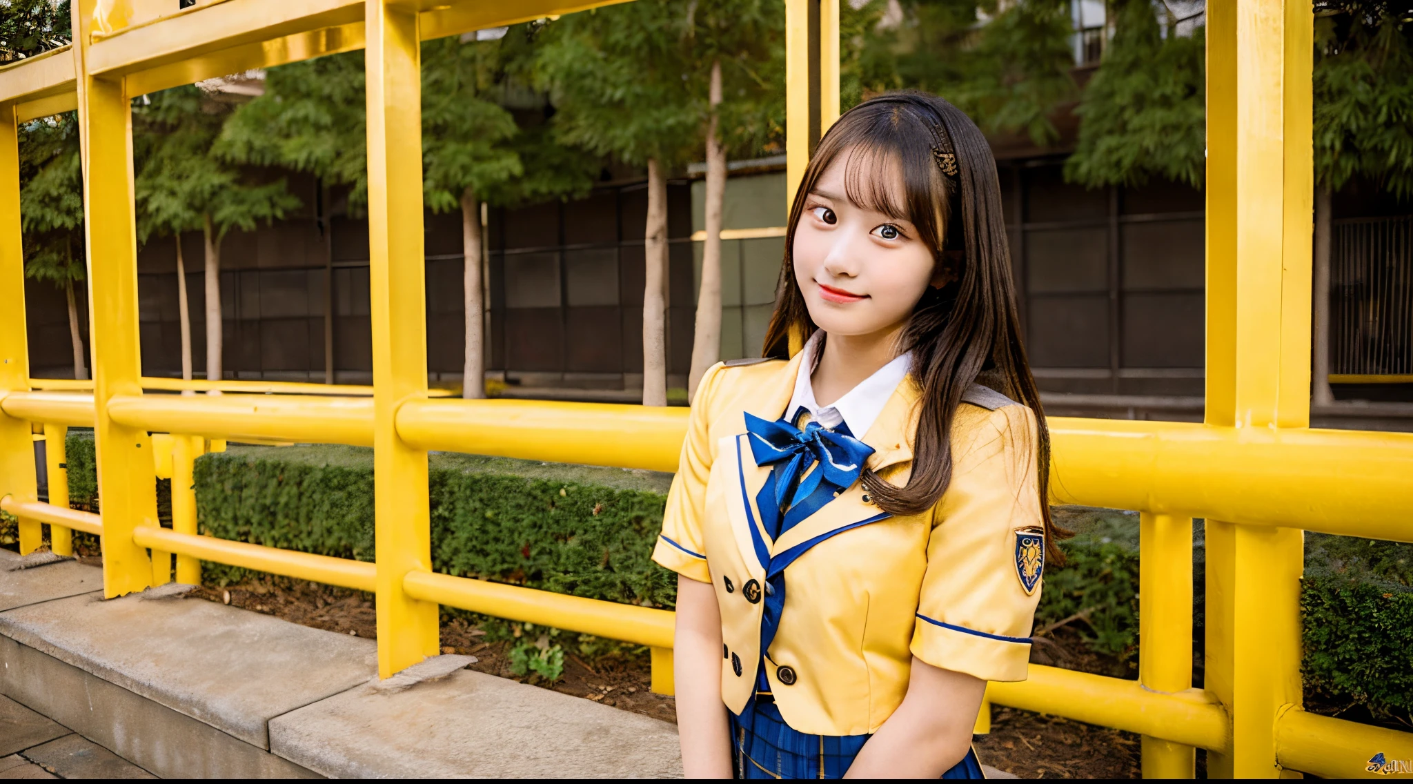 18 year old high school girl in golden miniskirt uniform