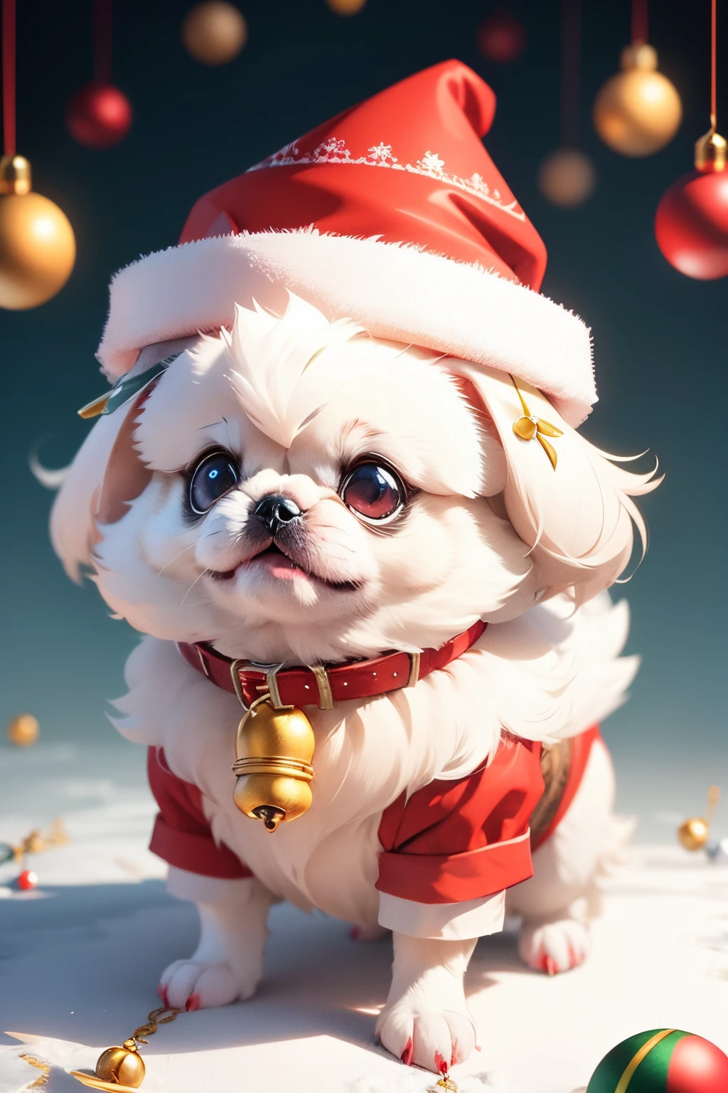 3D vector art、Colorful cute white pekingese dog、wearing a christmas hat,The collar has a bell、 cute christmas present, Ultra-realistic high quality, Cute and quirky, Fantasy Art, Watercolor effect