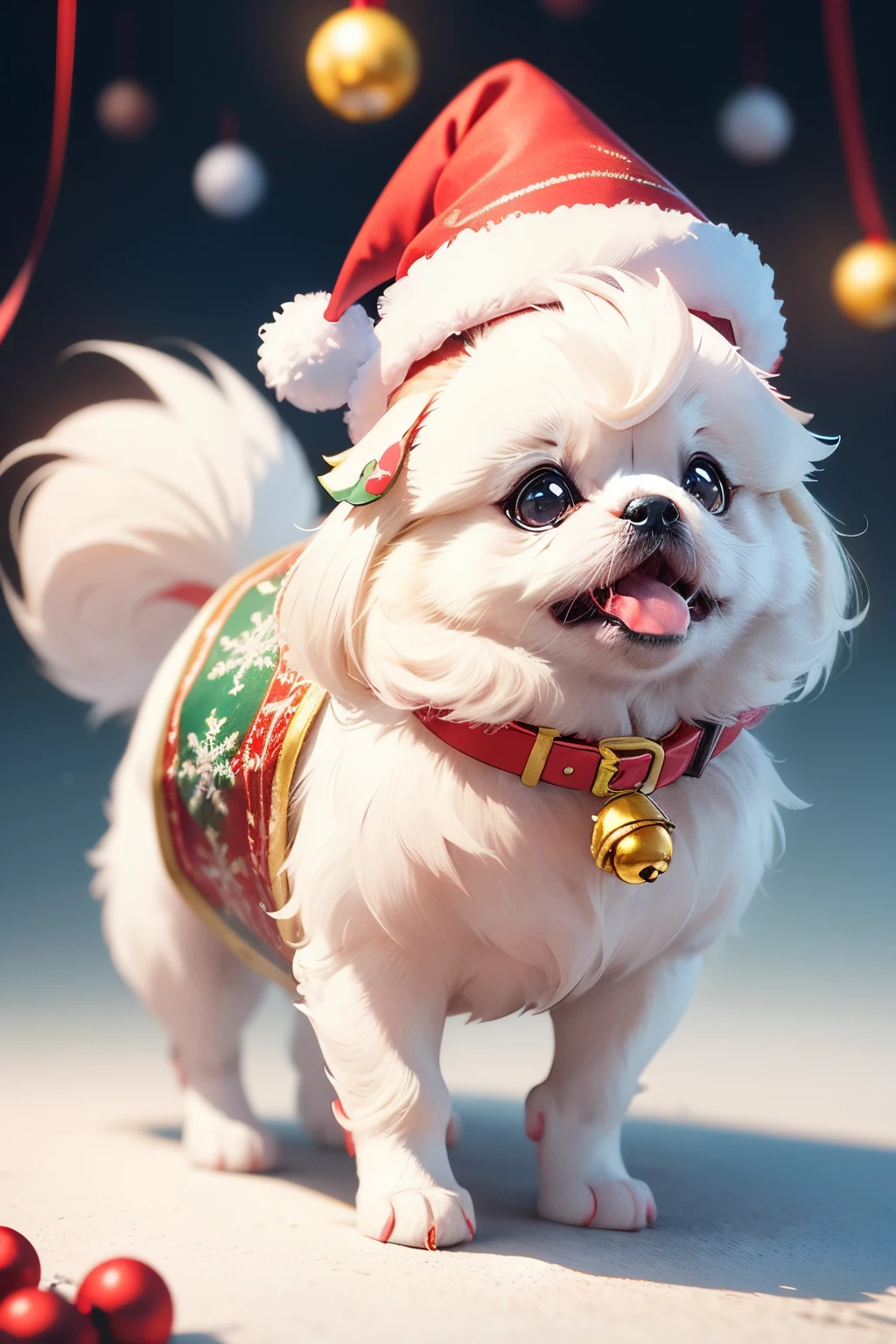 3D vector art、Colorful cute white pekingese dog、wearing a christmas hat,The collar has a bell、 cute christmas present, Ultra-realistic high quality,  Cute and quirky, Fantasy Art, Watercolor effect、Taken from behind