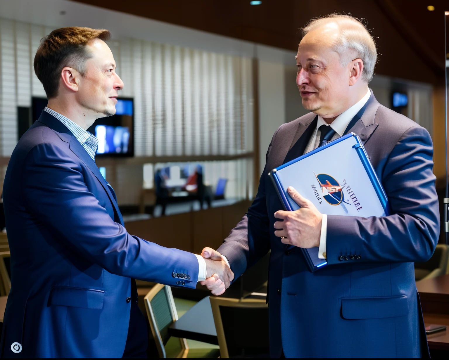 two men in suits shaking hands in a conference room, victor antonov, andrzej marszalek, viktor antonov, alex maksiov and john pugh, aleksander rostov, raphael personnaz, daniel dociu, andrew krivulya, jeremy lipkin and rob rey, nasa and roscosmos, joseph todorovitch, elon musk, asian, 8k