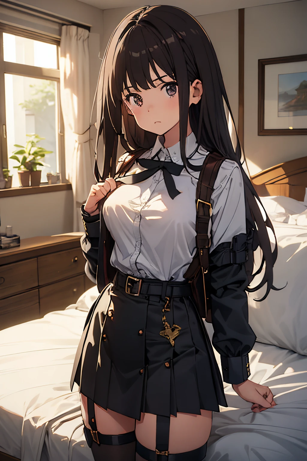 masterpiece、flat-colors、depth of fields、lens flare 1 girl、、Brown hair、watching at viewers black suspenders Bulging big breasts walls: Black miniskirt garters Gaze Small face bangss holster a belt Beautuful Women srestrained hands up Lying in bed Leg holster