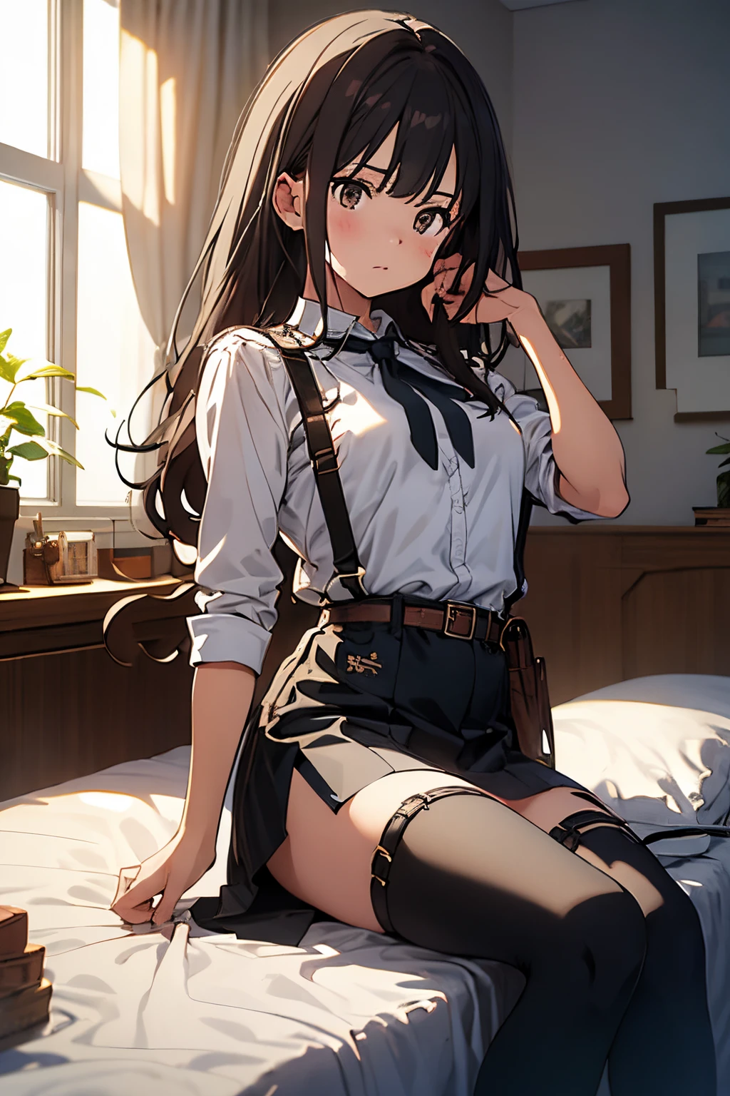 masterpiece、flat-colors、depth of fields、lens flare 1 girl、、Brown hair、watching at viewers black suspenders Bulging big breasts walls: Black miniskirt garters Gaze Small face bangss holster Belt Armament Beautuful Women srestrained hands up Lying in bed Leg holster lying on the bed Gaze Black boots