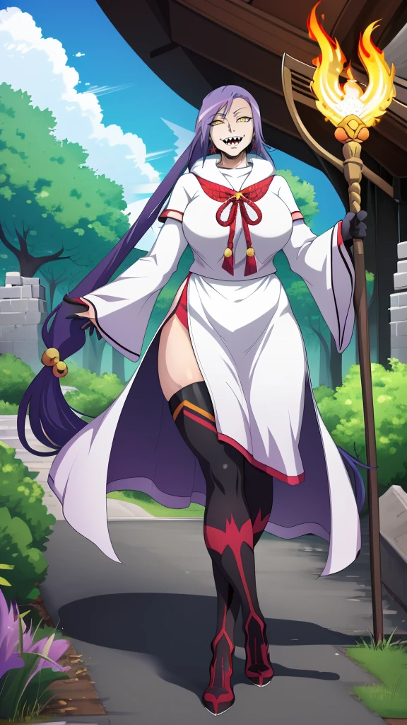 1girl, solo, looking at viewer, cowboy shot, hand arms full body,boots, standing,cute,breast, curvy, female,fantasy goddess,there is a cartoon picture of a woman with a very large breast, glowing divine being, glowing holy aura, inspired by Luma Rouge, the non-binary deity of spring, ethereal rainbow nimbus, the butterfly goddess of fire, inspired by Mariel, glowing aura around her, astral wind, as the goddess of the saturn, “uwu the prismatic person, big breast, serious, beautiful eyes, , full body, walking, long robe, long dress, ,priestess ,holy, smile, god rays, ray tracing, sparkle, cinematic lighting, UHD, retina, masterpiece, ccurate, anatomically correct, textured skin, super detail, high details, high quality, award winning, best quality, highres, 1080P, HD, 4K, thunder aura, light aura,full, snak staff,closed mouth,#anime #character #re:creators #magane chikujoin Trigger Words: chikujoin magane sharp teeth single braid serafuku thighhighs gloves earrings Version No.:, long skirt, sharpteeth smile, open mouth, priestess, tunic,, forest ruins background