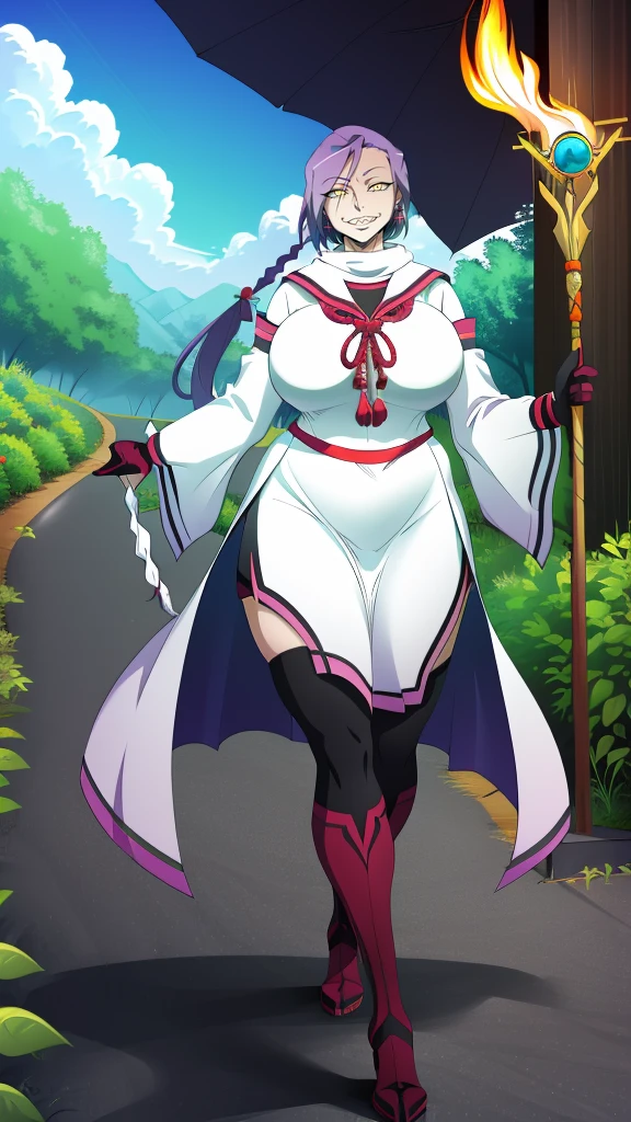silver hair, big breast, magical girl, full body , walking, alone, 1character, smile, village forest