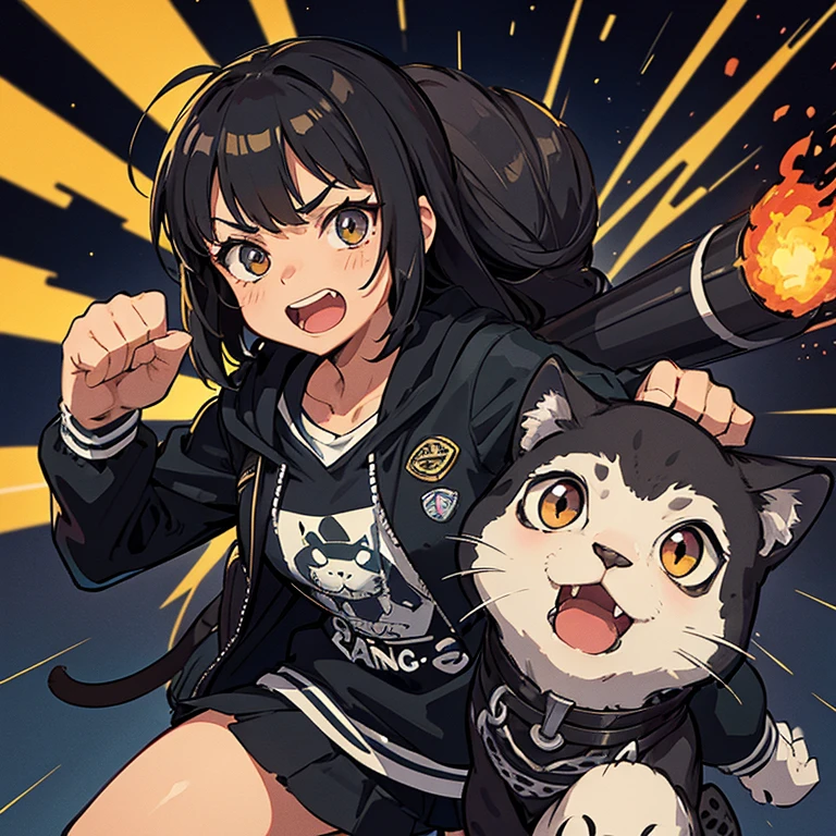 vntg artystyle "vintage" black and white cute, super excited dark haired 13 year old girl flying fist first into camera while carrying a terrified Jaguar kitten away from dangerous alien spaceships that fire laser blasts at her