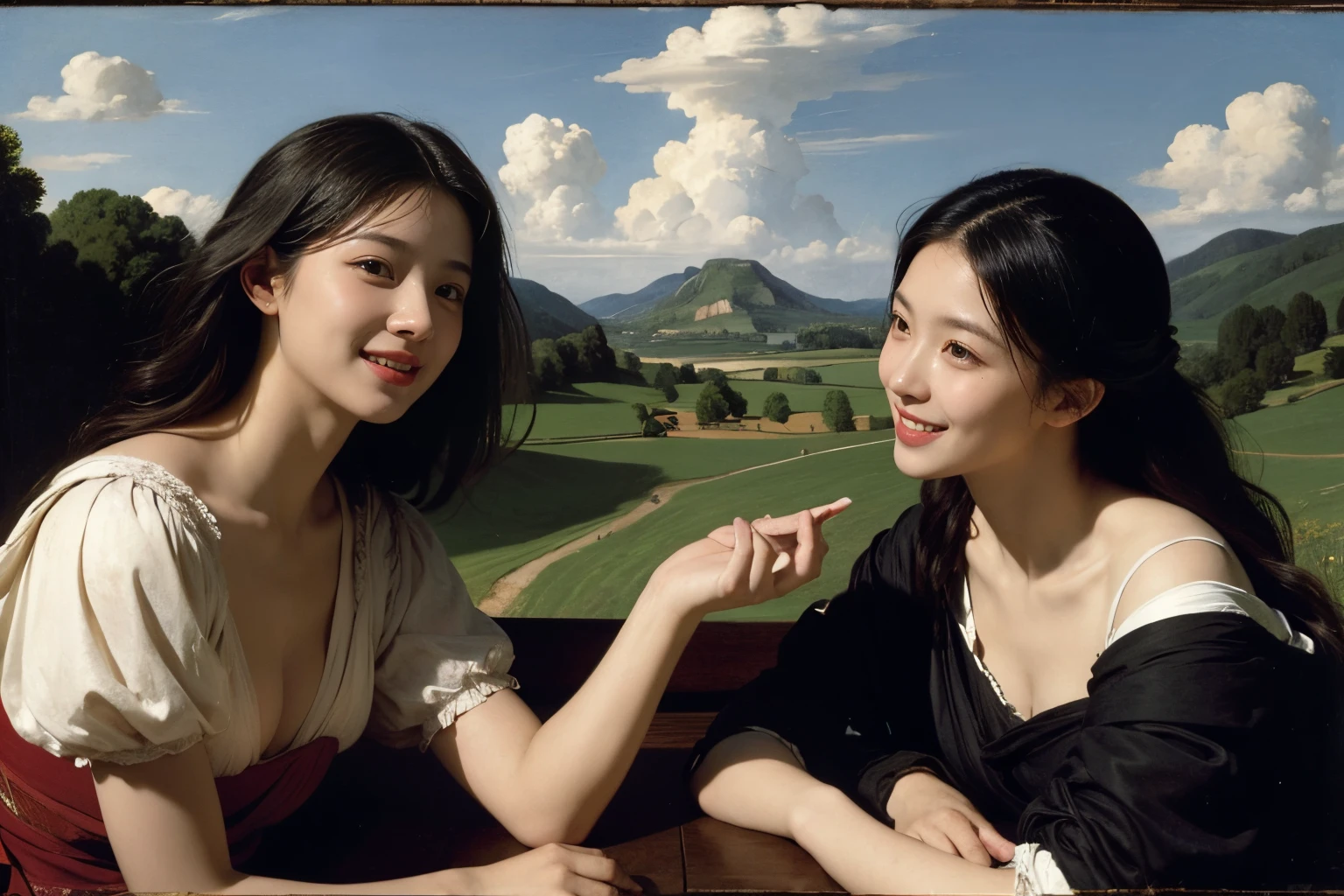 Poussin-style landscape,A smile,,Sweet and seductive appearance.、Caravaggio's paintings、Chiaroscuro of Caravaggio、Hair disheveled in the wind,Two women frolicking,Cute smile, Expression of ecstasy