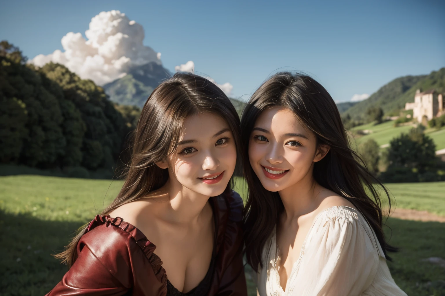Poussin-style landscape,A smile,,Sweet and seductive appearance.、Caravaggio's paintings、Chiaroscuro of Caravaggio、Hair disheveled in the wind,Two women frolicking,Cute smile, Expression of ecstasy