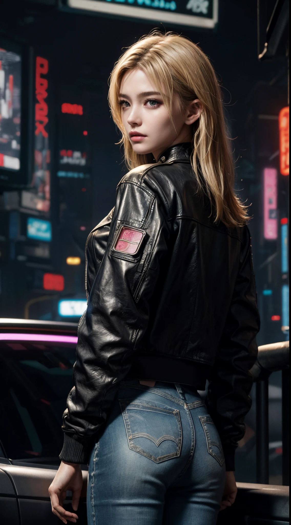 Real Engine:1.4,nffsw,best qualtiy:1.4, Photorealista:1.4, Skin texture:1.4, masterpiece:1.8,Pose from behind Hermosa Mujel、blonde hair with highlights, Black leather jacket, Sexy, very small breasts, cyber punk style, realistic detail, damage jeans 、Beautiful fine hands ,(Cyberpunk:1.4),Mysterious Knight