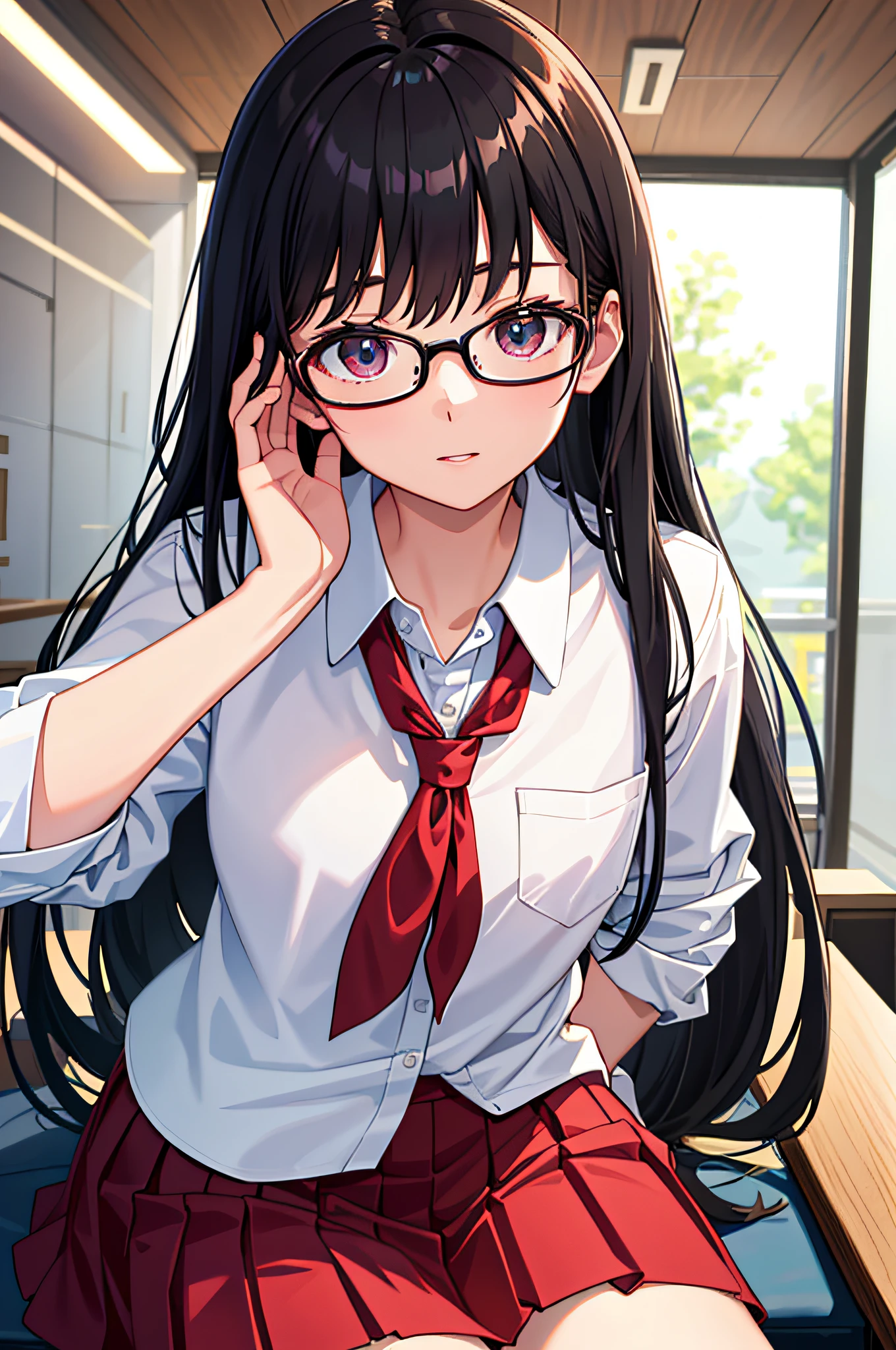top-quality、Head to your desk、Studying、Wearing glasses、s girl、Black high school uniform、Red skirt、A dark-haired、Touch the rim of your glasses with one hand、独奏、Focus