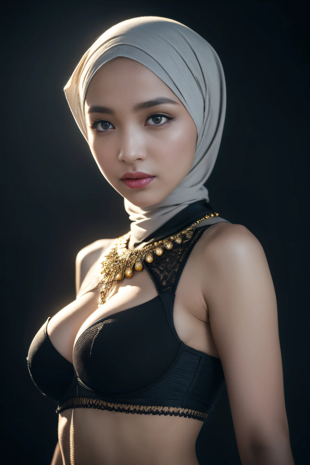 bellydancer, cyberpunk, javanese, (((hijabi))), cleavage, reflection light, chiaroscuro, depth of field, cinematic lighting, ray tracing, Sony FE GM, UHD, super detail, masterpiece, textured skin, high details, best quality, award winning,3D,hdr(HighDynamicRange),Ray tracing,NVIDIA RTX,Hyper-Resolution,Unreal 5,Subsurface scattering、PBR Texture、post-proces、Anisotropy Filtering、depth of fields、maximum definition and sharpness、Many-Layer Textures、Albedo e mapas Speculares、Surface coloring、Accurate simulation octane rendering of light-material interactions、Two-colored light、largeaperture、Low ISO、White balance、the rule of thirds、8K raw data