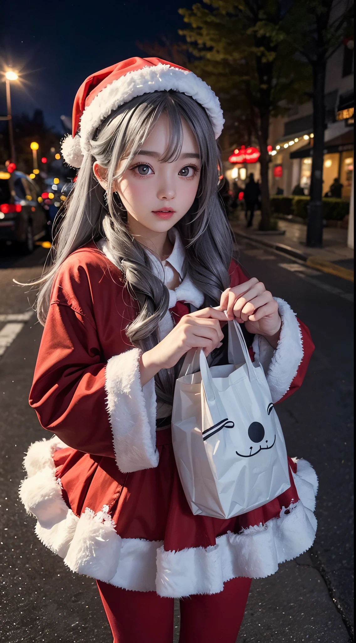 Santa Claus Cosplay、1人、On the street at night、The stars are beautiful、 Grey Hair, , ,Christmas tree shining with lights