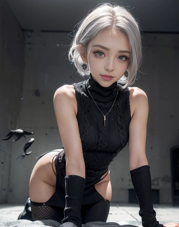 Masterpiece, 8K, photorealistic, ultra realistic, (1girl, solo),
_
the most beautiful, Gravure idol, 24 years old, 170 cm, (((medium breasts:1.2))), ((slender waist, round hips, toned thighs, toned arms):1.3), ((small head, small face:1.2)), diamond Face, small nose, (small mouth), Sharp Faceline,
_
BREAK ((lower BODY:1.2)), (all fours, from below:1.4), look at viewer,
_ BREAK ((big eyes, Double eyelid, tareme, droopy eyes):1.3), ((smile, small lips, teeth:1.3)), (mole under eye:1.2), (Perl White teeth), ((gray hair)), short hair, ponytail, Blue eyes, light makeup, thin eyebrow, shiny skin, detailed skin, detailed face, perfect eyes, detailed eyes, shiny hair,
_
BREAK (black theme:1.2), ((High_neck knit sweater, no cutout, black knit dress, log dress:1.4)), (((no cutout))), (fish net Stockings:1.4), (silver earring, silver bracelet, silver necklace:1.2),
_
BREAK (black and White theme:1.2), Inorganic concrete photo studio, Inorganic concrete, small window, gray concrete block, highly, blur, blur background, front lightning, Cinematic lighting, raw photo,