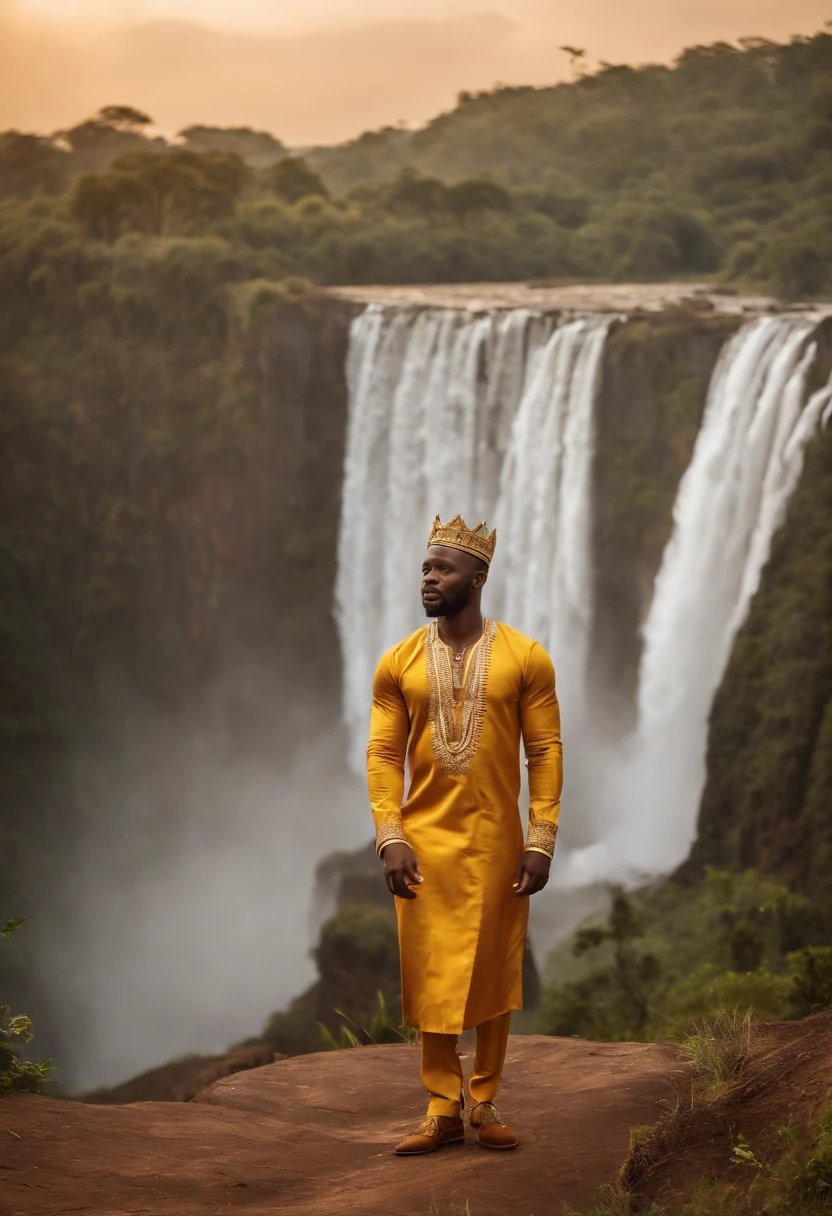 Adekunle is taking a helicopter tour over the majestic Victoria Falls,original,Prince Adekunle Adebayo, a fictitious Nigerian royal, portrays himself with an aura of elegance and persuasive charm. He’s often seen in opulent, traditional Nigerian robes, his appearance crowned by a confident, yet earnest expression, designed to evoke trust and sympathy.