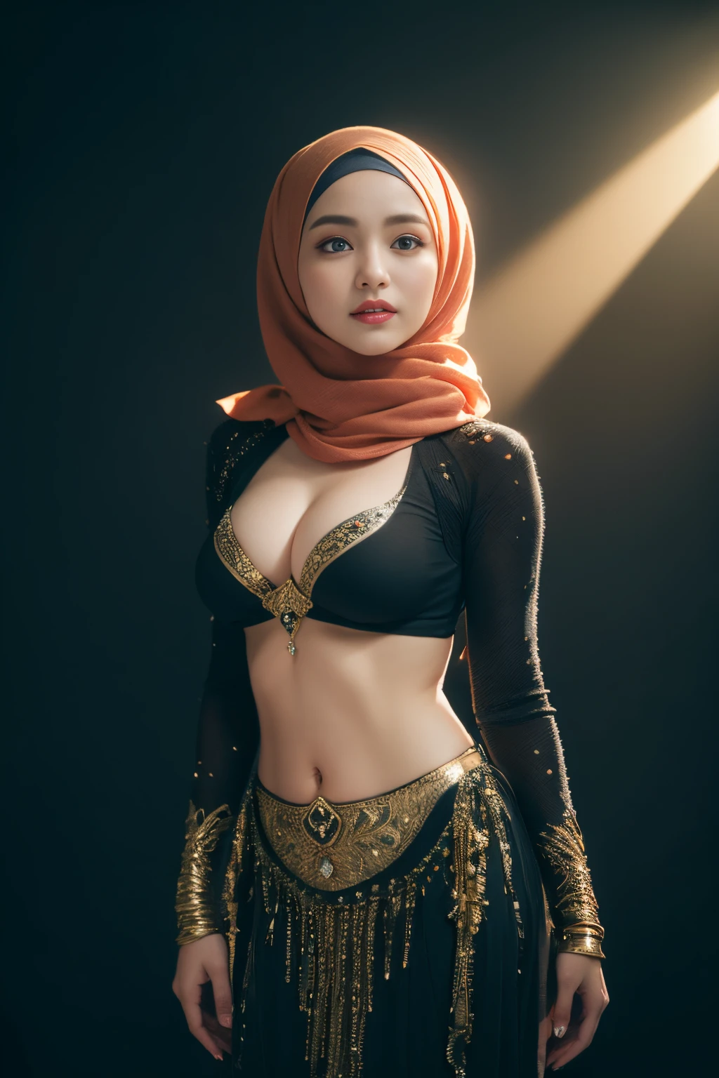 bellydancer, cyberpunk, javanese, (((hijabi))), cleavage, reflection light, chiaroscuro, depth of field, cinematic lighting, ray tracing, Sony FE GM, UHD, super detail, masterpiece, textured skin, high details, best quality, award winning,3D,hdr(HighDynamicRange),Ray tracing,NVIDIA RTX,Hyper-Resolution,Unreal 5,Subsurface scattering、PBR Texture、post-proces、Anisotropy Filtering、depth of fields、maximum definition and sharpness、Many-Layer Textures、Albedo e mapas Speculares、Surface coloring、Accurate simulation octane rendering of light-material interactions、Two-colored light、largeaperture、Low ISO、White balance、the rule of thirds、8K raw data
