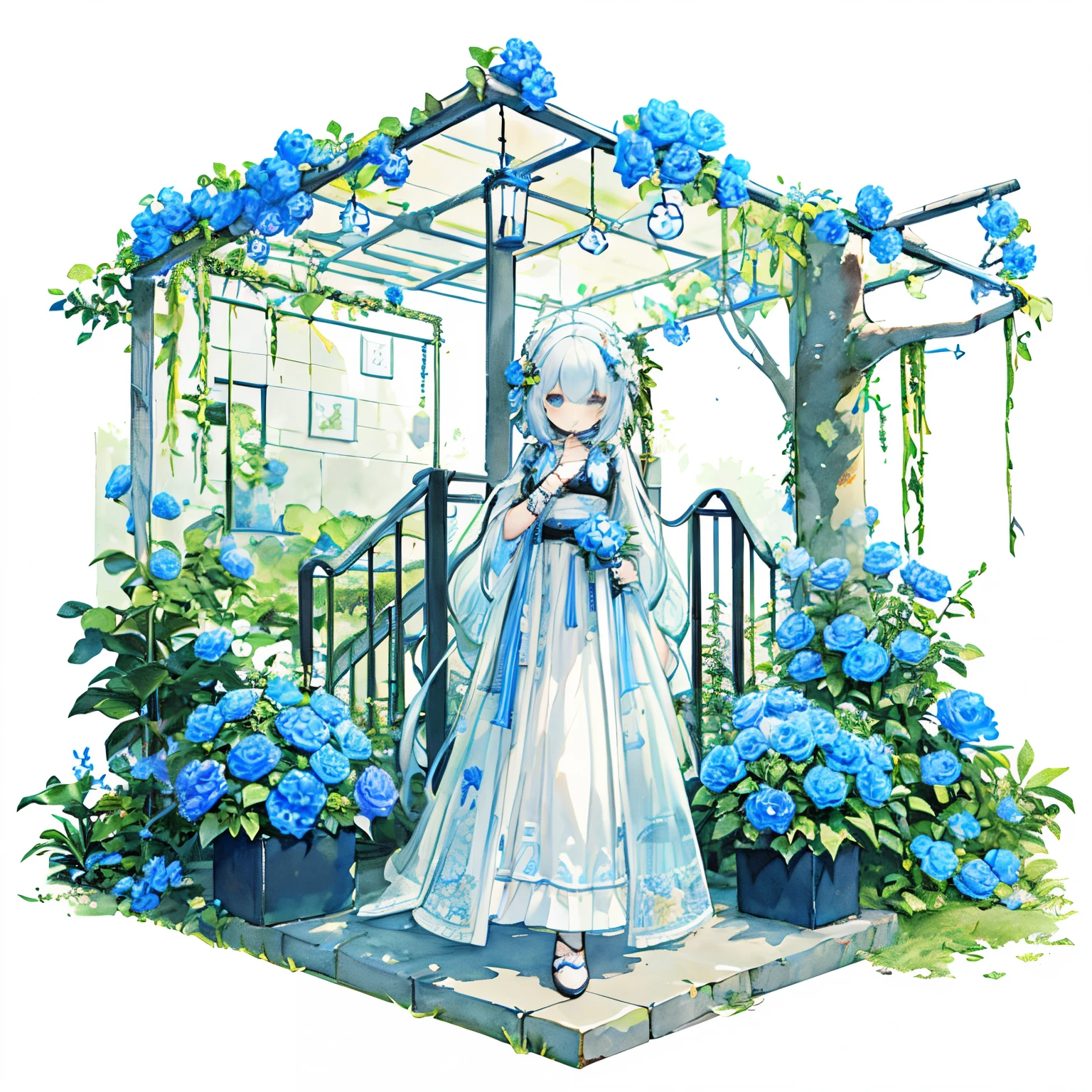 Transparent watercolor,Beautiful arrangements and motifs、Originality、GAMECHARACTER DESIGN、depth of fields , Fantastic, Beauty、Transparency、GAMECHARACTER DESIGN、White and blue flowers、street corner、woman tree、Dress appearance