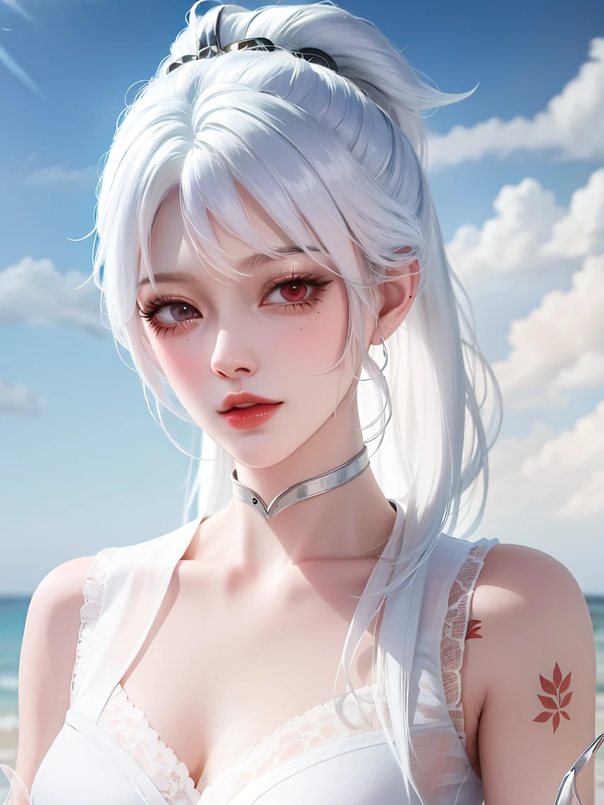 a close up of a woman with a white top and a tattoo on her arm, tifa lockhart with white hair, detailed white long hair, silver hair (ponytail), girl with white hair, deviantart artstation cgscosiety, white ponytail hair, realistic anime 3 d style, anime styled 3d, inspired by Ma Yuanyu, white long straight hair, for some, full body