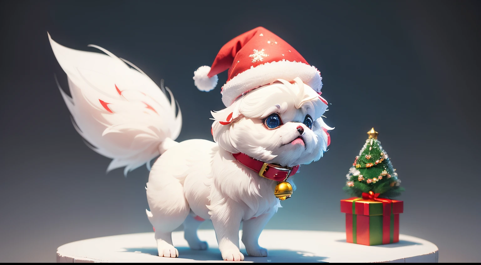 3D vector art、Colorful cute white pekingese dog、wearing a christmas hat,The collar has a bell、 cute christmas present, Ultra-realistic high quality,  Cute and quirky, Fantasy Art, Watercolor effect、standing on hind legs pose、Taken from the side