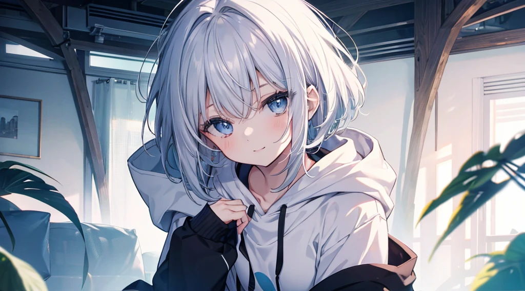 Ultra-high image quality,Look at viewers, hands behind back, girl with, 20 years old, Very short hair, long bangs between eyes, pale blue eyes, Hoodie, Skirt , Blue sky, Sunlight, Extremely detailed,(masterpiece、top-quality)、独奏、White hair、A smile、White skin as clear as snow、Fantastical, Silver hair, Black eyes, Beautiful eyes,, Ecstasy, charmed, be smitten with audience, Hoodie, White hoodie,a black skirt,Hair is short,look down from above,inside in room,on the beds