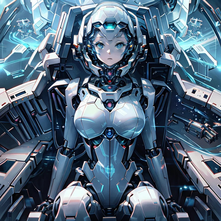 Close-up of a woman in a futuristic suit sitting in a spaceship, portrait anime space cadet girl, gynoid body, fully space suited, Girl in Mecha Cyber Armor, Sci-Fi Anime, portrait armored astronaut girl, biomechanical oppai, Perfect Anime Cyborg Woman, detailed sci-fi art, In the spacecraft of the future, Sci-Fi Anime