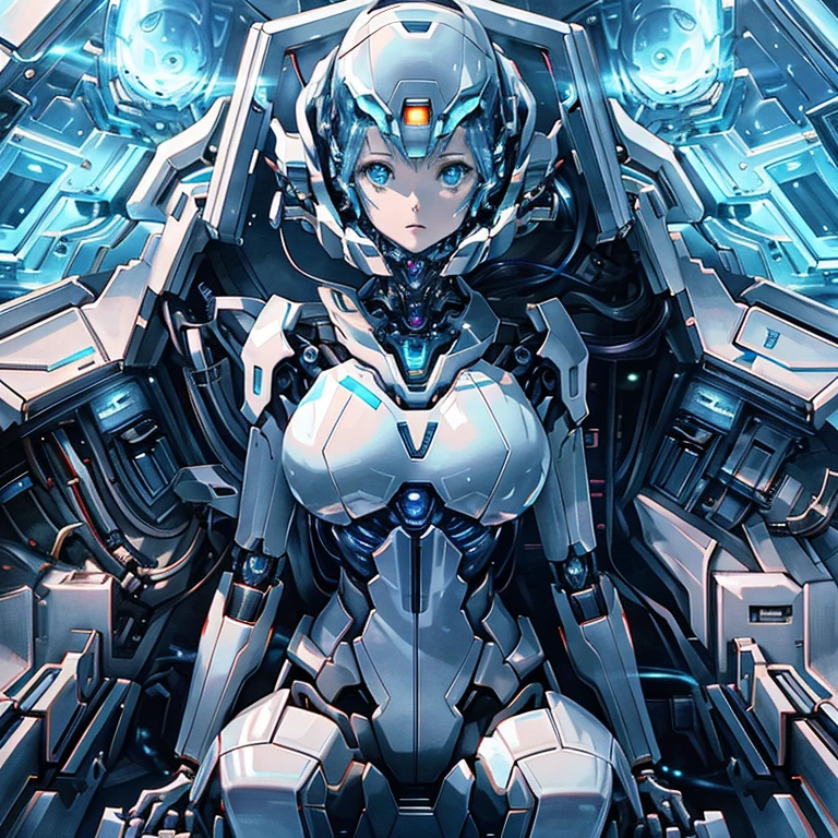 Close-up of a woman in a futuristic suit sitting in a spaceship, portrait anime space cadet girl, gynoid body, fully space suited, Girl in Mecha Cyber Armor, Sci-Fi Anime, portrait armored astronaut girl, biomechanical oppai, Perfect Anime Cyborg Woman, detailed sci-fi art, In the spacecraft of the future, Sci-Fi Anime