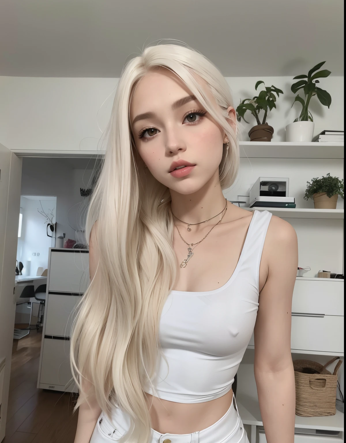 Mujer de cabello rubio con cabello largo vistiendo un top blanco y pantalones blancos., con pelo largo blanco, Su cabello es blanco, con el pelo largo y blanco, cabello rubio muy, very pale, extremely pale blond hair, Peinado blanco de corte hime, Chica perfecta de pelo blanco, con cabello largo y rubio, Chica coreana, con el pelo largo, Una chica con cabello rubio, Cabello largo y blanco y flequillo