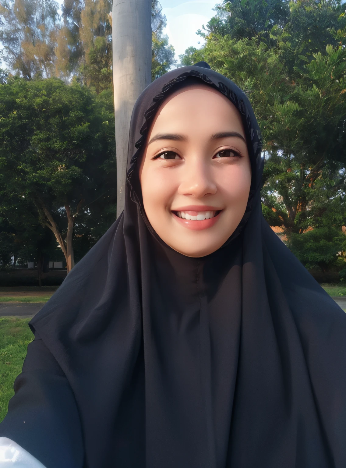 smiling woman in black hijab standing in front of a tree, faridah malik, hijab, during sunset, inspired by Naza, close up potrait, inspired by Nazmi Ziya Güran, full protrait, at sunrise, muslim, during dawn, taken with canon eos 5 d mark iv, she is smiling and happy, protrait, she is smiling