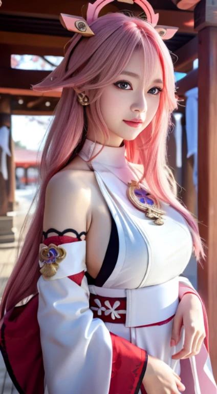 (Masterpiece, Excellent, 1girl, solo, complex details, color difference), realism, ((medium breath)), off-the-shoulder, Yae Miko, long pink hair, red headdress, red highlight, hair above one eye, green eyes, earrings, sharp eyes, perfectly symmetrical figure, choker, neon shirt, against the wall, brick wall, graffiti, dim lights, alley, looking at the audience, ((mean, seductive, charming)), yoga pants,